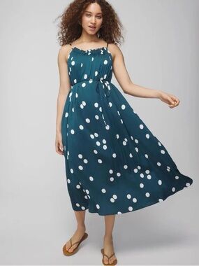 Soma Crinkle Satin Pleated Tie Midi Bra Dress Polka Dot Dark Harbour Sz L Cruise